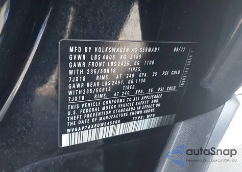 2013 Volkswagen Tiguan Se из США, поврежденный, VIN WVGAV7AX6DW545208